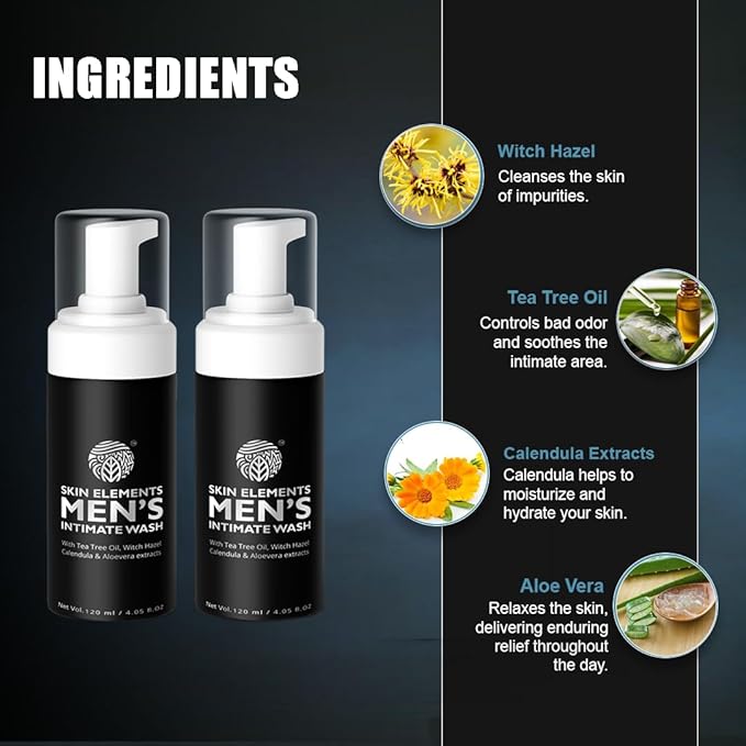 Skin Elements Intimate Wash for Men with Tea Tree Oil (Combo) | pH Balanced Foaming Hygiene Wash | Controls Bad Odor & sweat | Refreshes Intimate Area | Jabon Intimo Hombre | 120 ml | Pack of 2