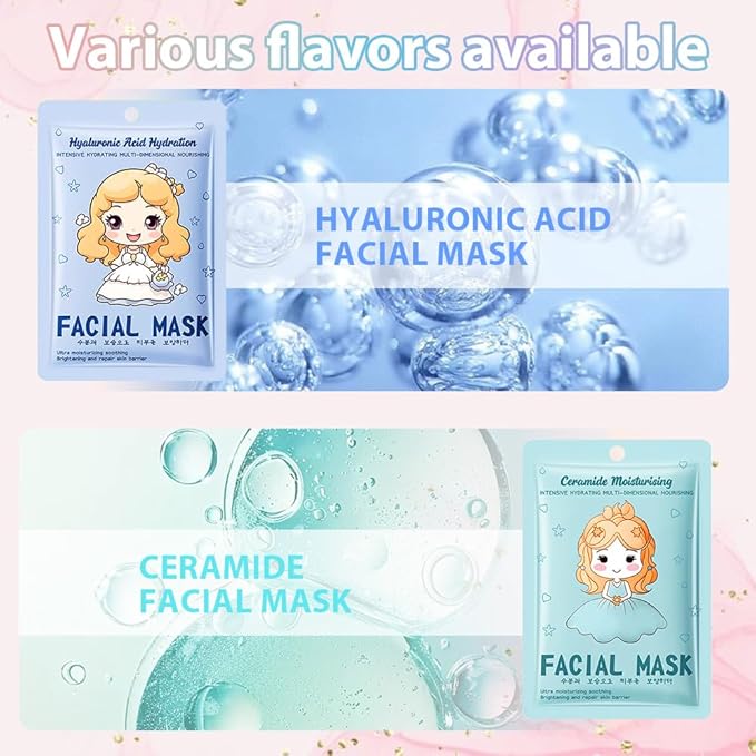 Girl Character Sheet Masks, Spa Party Facial Mask Skincare Set, Sheet Masks Skin Care, Moisturize Brighten Soothe for All Skin Types, Christmas Birthday Gifts for Women Men Girls, (12Pcs)