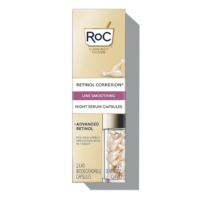 RoC Retinol Correxion Anti-Aging Wrinkle Night Serum, Daily Line Smoothing Skin Care Treatment for Fine Lines, Post-Acne Scars, 80 Capsules (Limited Edition Value Set)