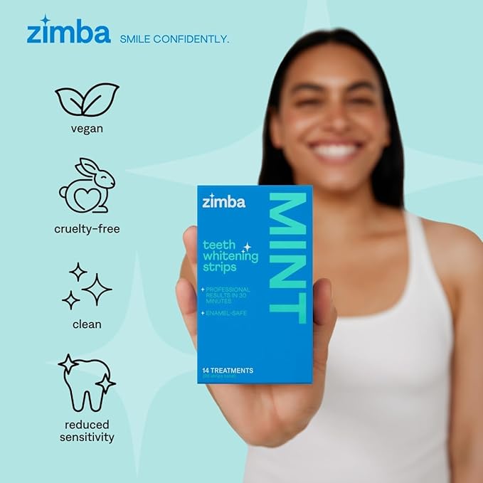 Zimba Mint Teeth Whitening Strips – 28 Vegan, Enamel-Safe Strips with Hydrogen Peroxide, 14-Day Treatment – Tooth Whitener for Coffee, Wine, Tobacco, Other Stains