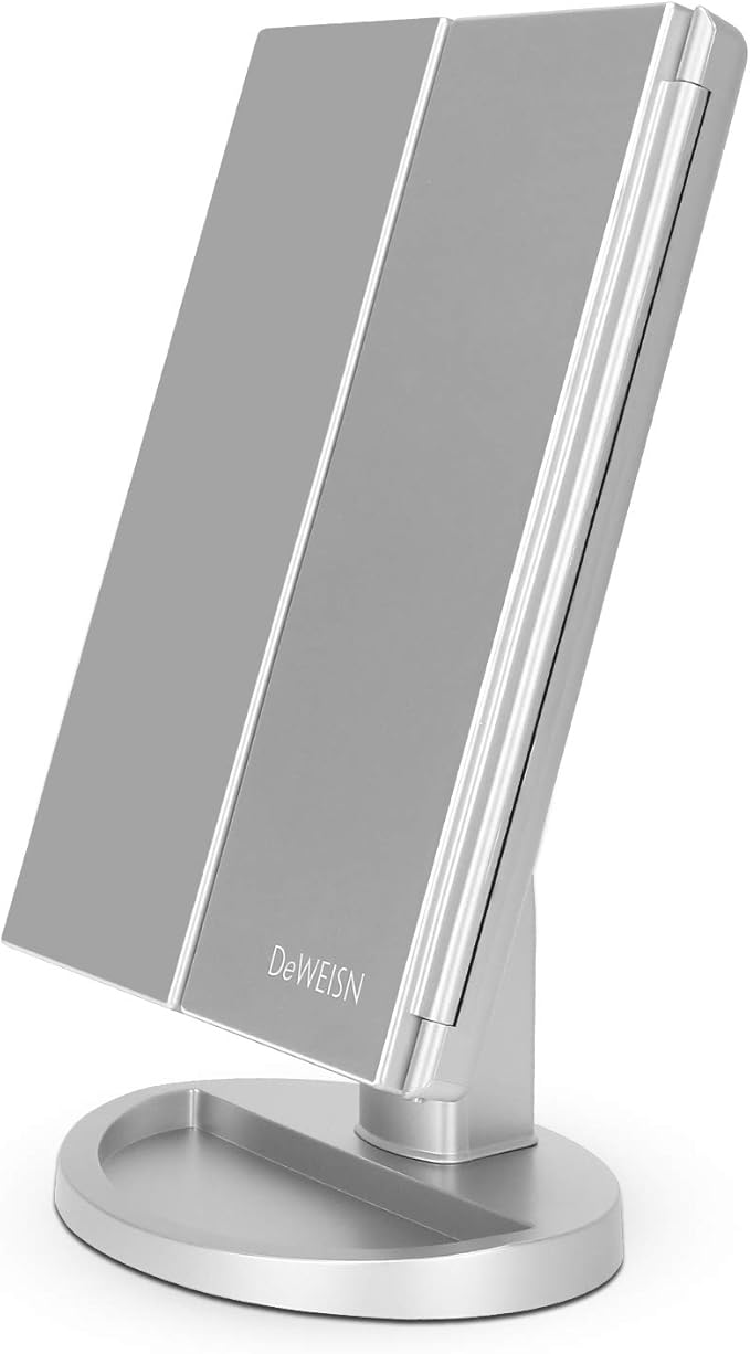 deweisn Tri-Fold Lighted Vanity Tabletop Mount Mirror with 21 LED Lights, Touch Screen and 3X/2X/1X Magnification, Two Power Supply Modes Make Up Mirror,Travel Mirror