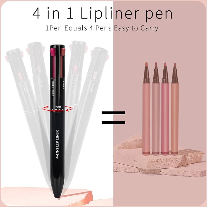 Arqumi Lip Liner - 4 In 1 Lip Liner High Pigmented Smooth Color Liner Retractable Lipstick Pencil,Smudge Proof Lipliner Pencil