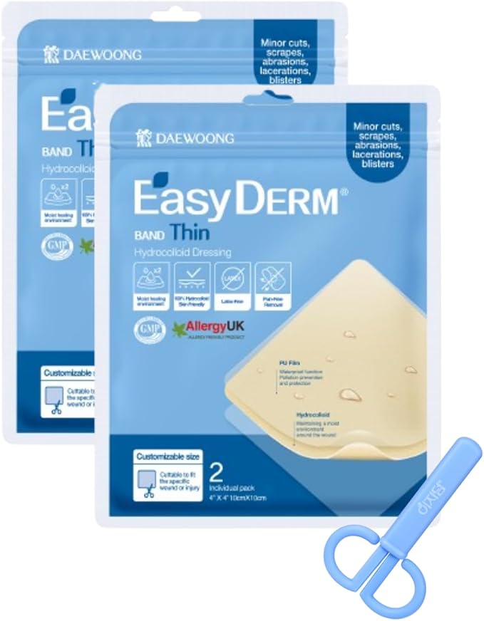 Easyderm Thin Hydrocolloid Large Wound Dressing 4”x4” 2 Pack (4 Dressings) Waterproof, Latex Free, Highly Absorbent Dressing for Burns, Blisters, Pimple Care and Wound Healing with Mini Scissor
