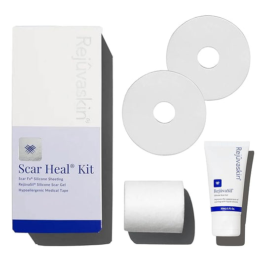 Rejuvaskin Scar Heal Kit with Breast Circle, Soften, Flatten, Reduce and Recover Post Surgical and Scarred Skin, 2x Silicone Sheets, Rejuvasil Gel & Medical Tape