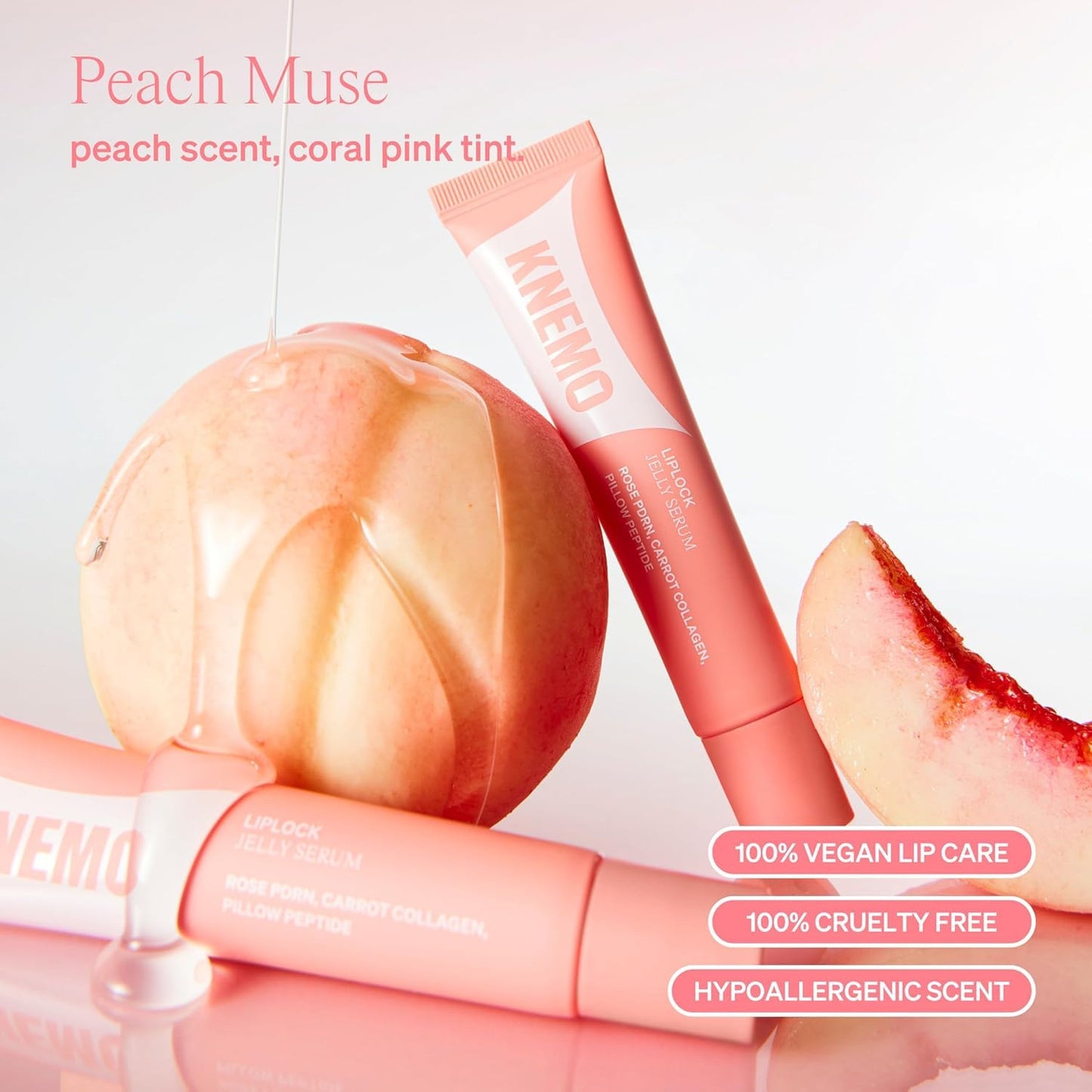 KNEMO LipLock Jelly Serum for Dry Lips, Long-Lasting, Hydrating, Plumping, Glossy Mask with Rose PDRN, Carrot Collagen, Pillow Peptide, Moisturizing Tinted Lip Balm. (Peach Muse)