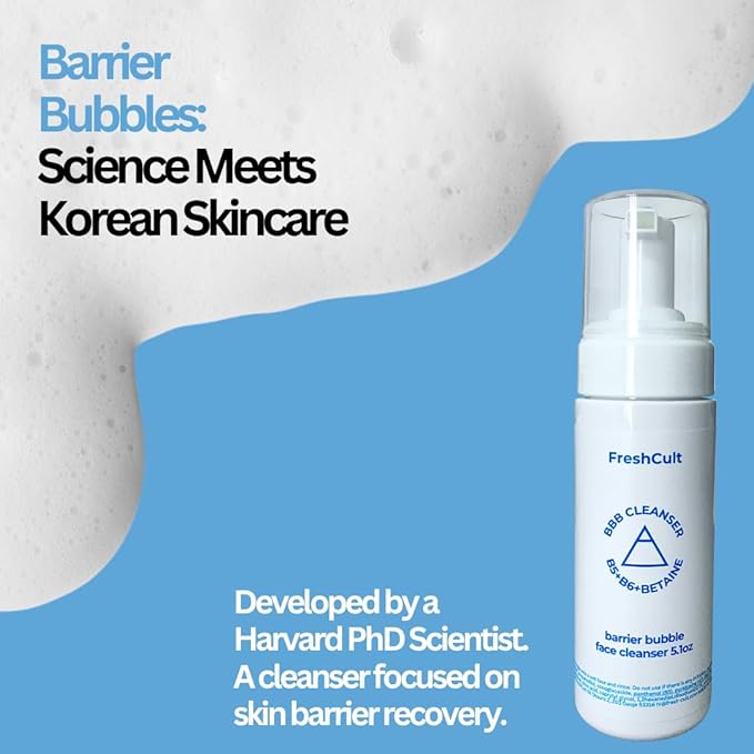 FreshCult Barrier Care Cleanser BBB Foaming Facial Wash for Sensitized Barrier and Retinoid Recovery - B5, B6, Betaine - SLS & Fragrance-Free