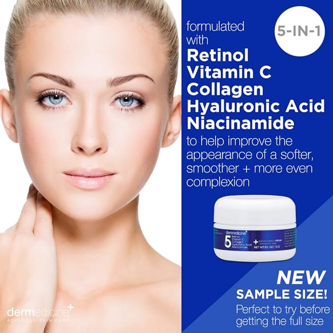 5 in 1 Retinol, Vitamin C, Collagen, Hyaluronic Acid, Niacinamide | Potent Face Cream which May Help Improve Appearance Fine Lines and Wrinkles and Reduce Appearance of Dark Spots | Trial .5oz