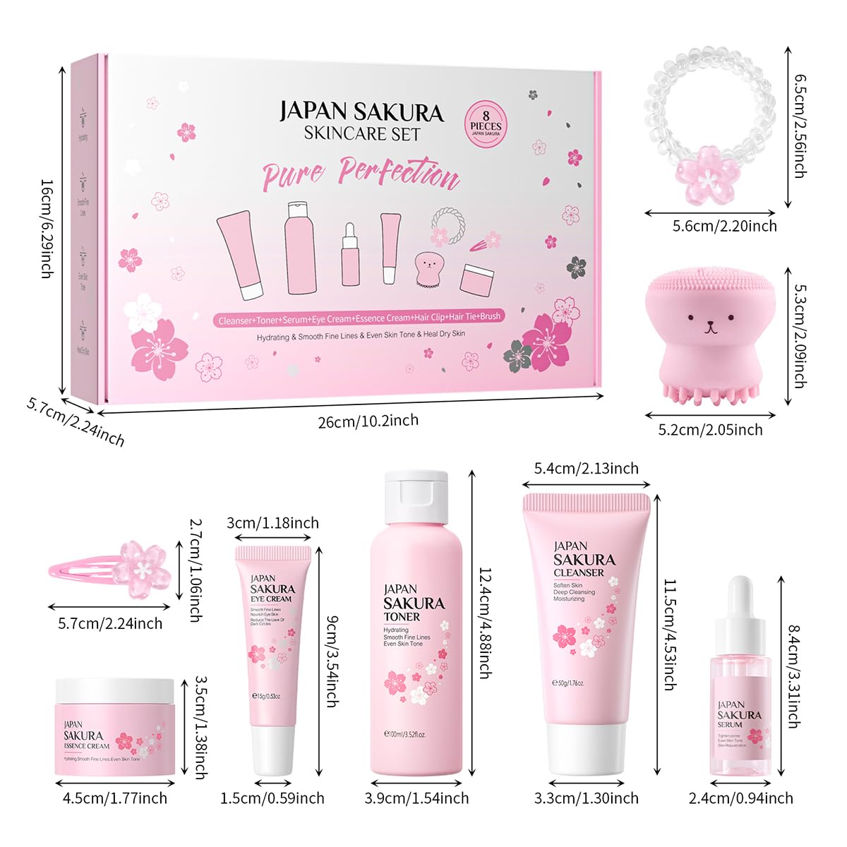 8 Pcs SakuraSkincare Set Complete Facial Care with Vitamin C, Includes Cleanser, TonerSerum, Eye Cream, Essence Cream, Sakura hairpin, Sakura hair rope, Pink octopus face wash massager