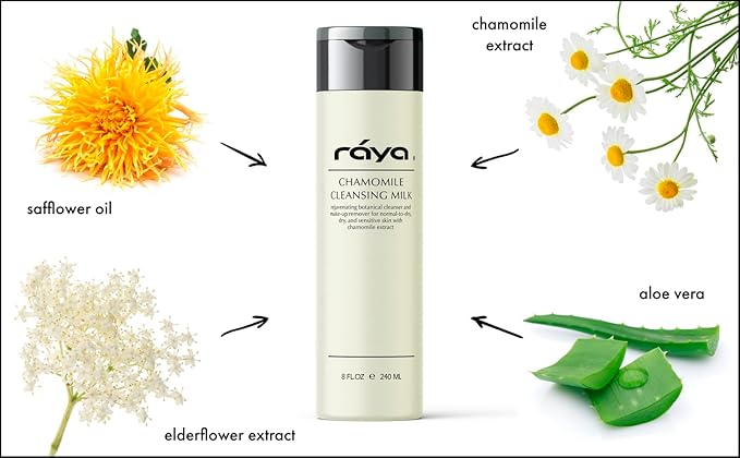 Raya Chamomile Facial Cleansing Milk 8 oz (152) | Gentle, Soap-Free Fluid Cleanser and Make-Up Removing Lotion for Dry and Sensitive Skin | Helps Calm Irritations and Refine Pores