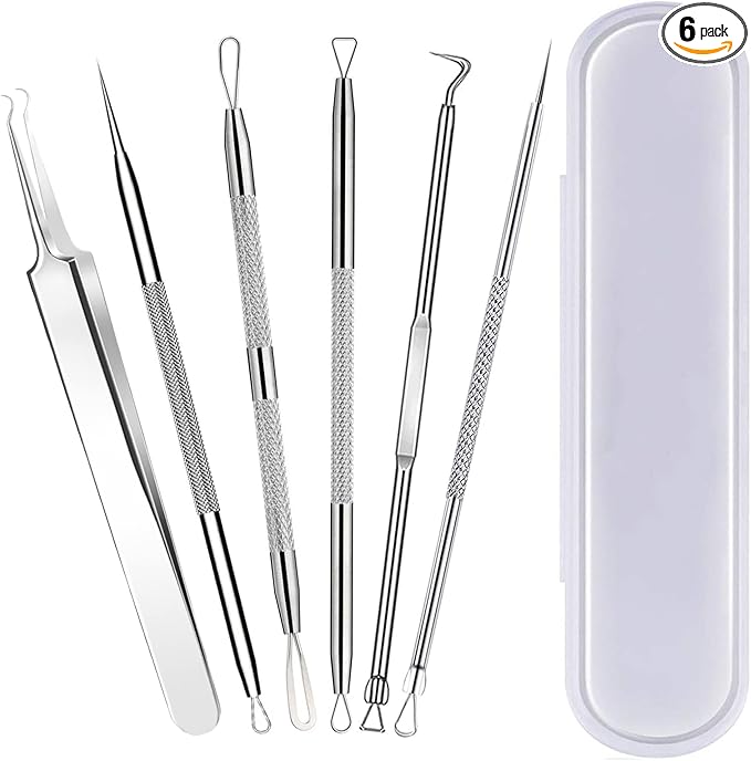 6 Pcs Blackhead Remover Tools,Blackhead Extractor,Pimple Popper Tool Kit for Blackhead, Whitehead, Acne, Zit, Comdone, Pores, Fat Granules, Blemishs on Nose, Face & Ear