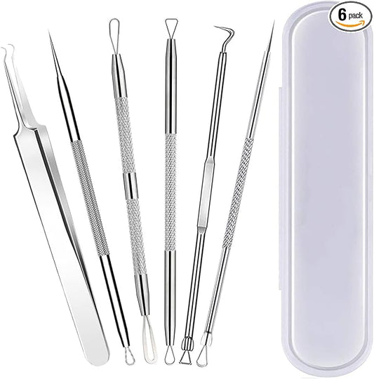 6 Pcs Blackhead Remover Tools,Blackhead Extractor,Pimple Popper Tool Kit for Blackhead, Whitehead, Acne, Zit, Comdone, Pores, Fat Granules, Blemishs on Nose, Face & Ear