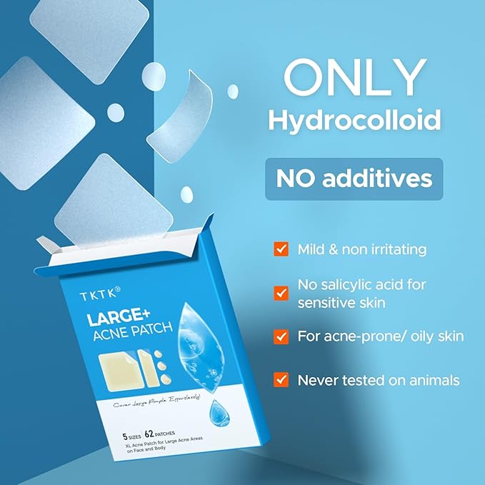TKTK Large Pimple Patches, 60 mm XL Acne Patches, Big Hydrocolloid Bandages for Body, Face, Forehead, Chin, Neck Zit Breakouts, Hydrocolloid Patch (Square, Strip, Dot 5 Sizes 62 Count)