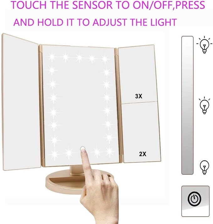 deweisn Floor Mount Tri-Fold Lighted Vanity Mirror with 21 LED Lights, Touch Screen and 3X/2X/1X Magnification, Two Power Supply Modes Make Up Mirror,Travel Mirror