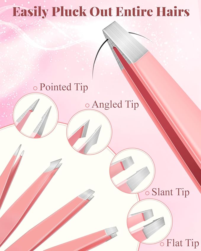 Ingrown Hair Tweezers and Pimple Popper Tool Kit, Pink Blackhead Remover Tools, Pimple Extractor Pore Extractor Eyebrow Razor, Scissor in Leather Travel Case