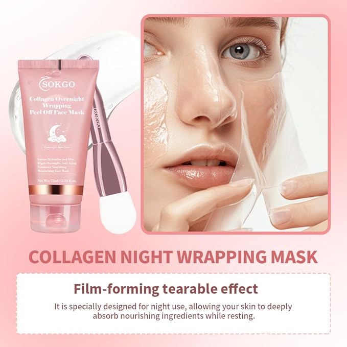 Collagen Overnight Wrapping Mask, Intensive Hydration Anti Aging Overnight Skin Treatment, Boosts Elasticity and Firmness, Revitalizes Dull Skin Reduces Fine Lines and Wrinkles (2PCS)