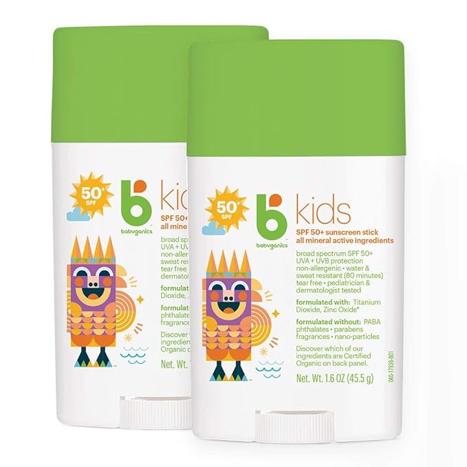 Babyganics SPF 50 Travel Size Kids Sunscreen Stick UVA UVB Protection | Water & Sweat Resistant |Non Allergenic, 1.6oz (Pack of 2)