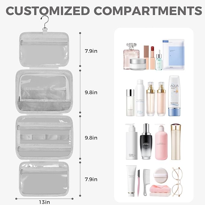 Toiletry Bag For women,Portable Hanging Organizer,4 Leakproof Compartment for full-sized Conditioner, Brushes Set, Makeup Accessories,Visible and easy to access.L-grey