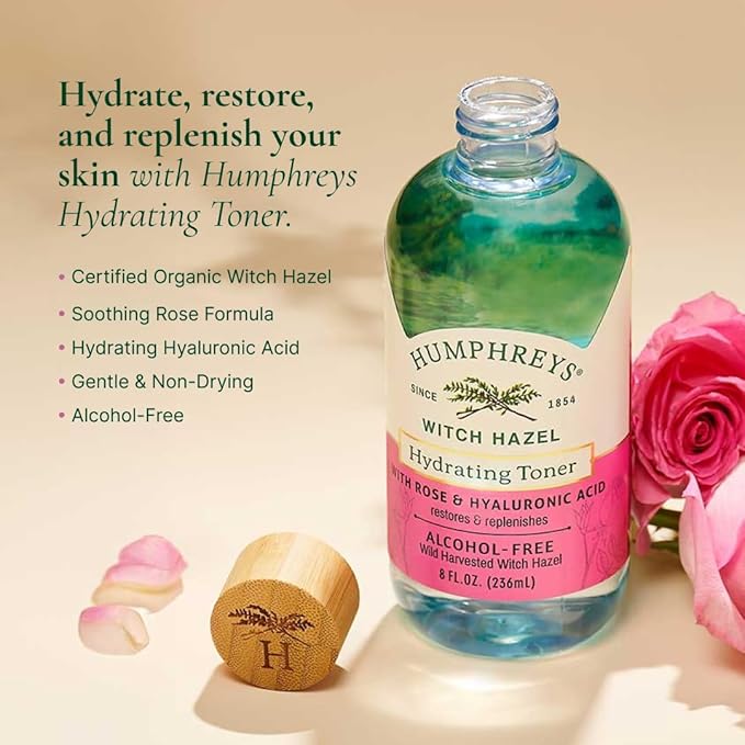 Humphreys Witch Hazel Hydrating Toner | Wild Harvested Witch Hazel & Rose | Natural, Alcohol-Free Formula | Balancing & Hydrating | Clears Pores | 8 Fl Oz