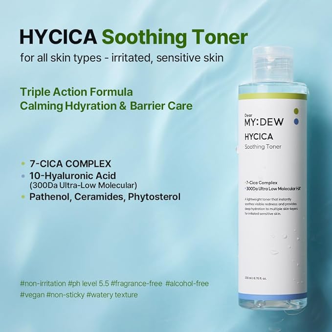 HYCICA Soothing Toner | Calming Hydration Barrier Care for Sensitive Skin with Centella, Ultra-Low Molecular Hyaluronic Acid & Panthenol, Vegan Fragrance-Free Korean Skincare, 6.76 fl oz