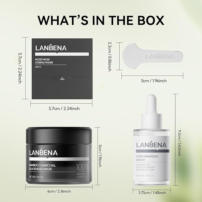 LANBENA 3-in-1 Blackhead Removal Set - Bamboo Charcoal Pore Strips (30g), Pore Minimizing Serum (30ml) & Removal Paper - Mask for Face, Minimizes Pores & Leaves Skin Fresh & Clean, Blackhead Remover