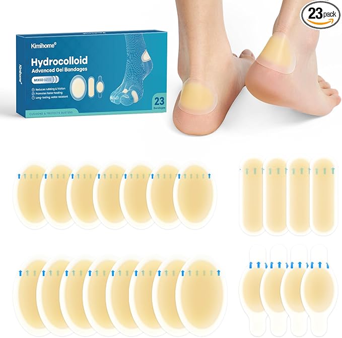 Hydrocolloid Gel Blister Bandages Pads - Kimihome 23ct Water Resistant Blisters Bandages - Adhesive Blister Pads for Heel, Foot, Toe - Gel Blister Chshions for Prevention & Recovery (Variety Pack)
