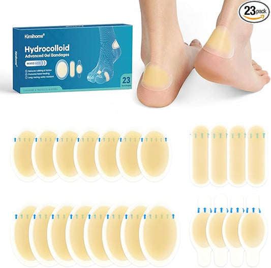 Hydrocolloid Gel Blister Bandages Pads - Kimihome 23ct Water Resistant Blisters Bandages - Adhesive Blister Pads for Heel, Foot, Toe - Gel Blister Chshions for Prevention & Recovery (Variety Pack)
