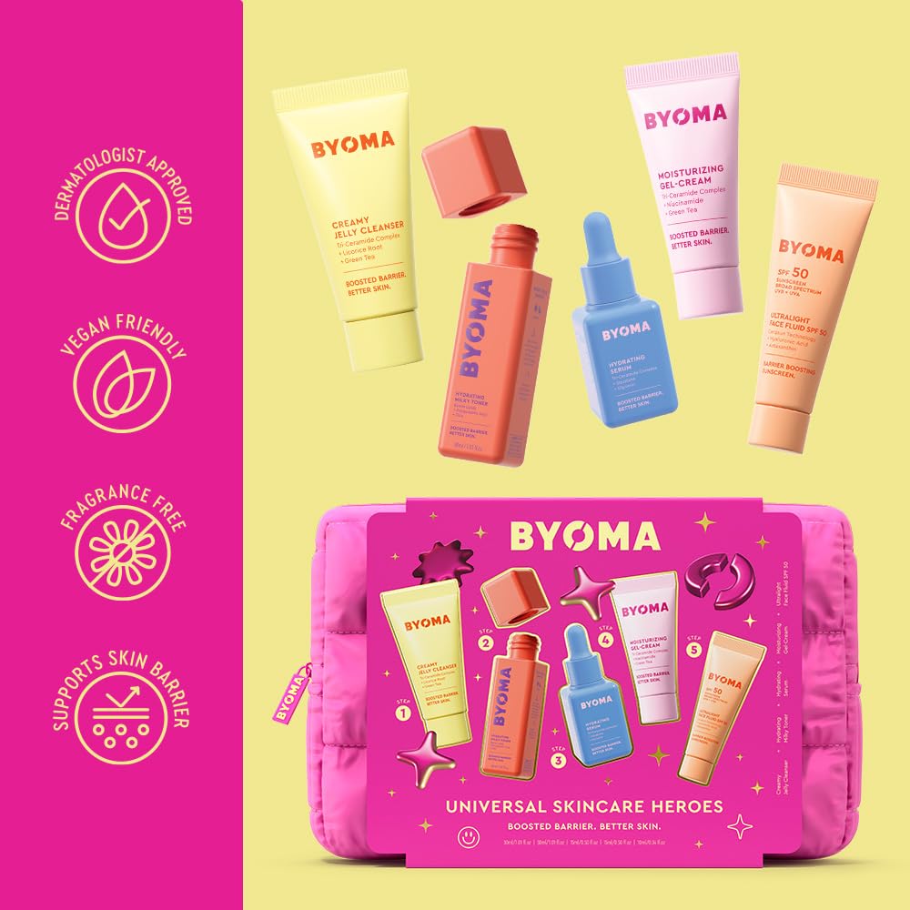 BYOMA Universal Starter Kit Heroes (5-Piece Kit) - Skincare Gift Set with Jelly Cleanser, Milky Toner, Hydrating Serum, Gel Cream & SPF 50 - Skin Barrier Repair Gift Set with Makeup Bag
