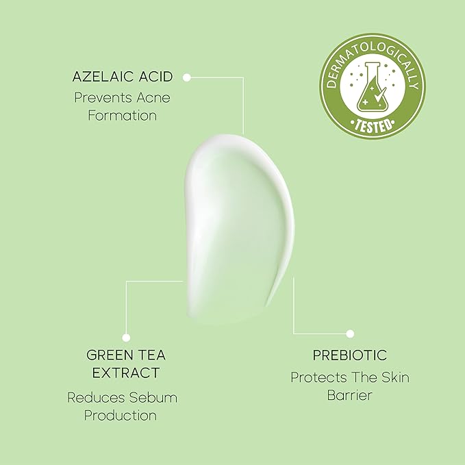 Anti-Acne Cream with %1 Azelaic Acid, Niacinamide, Prebiotic & Green Tea Extract, Oil Control & Skin Barrier Repair, 50ML for Oily & Acne-Prone Skin