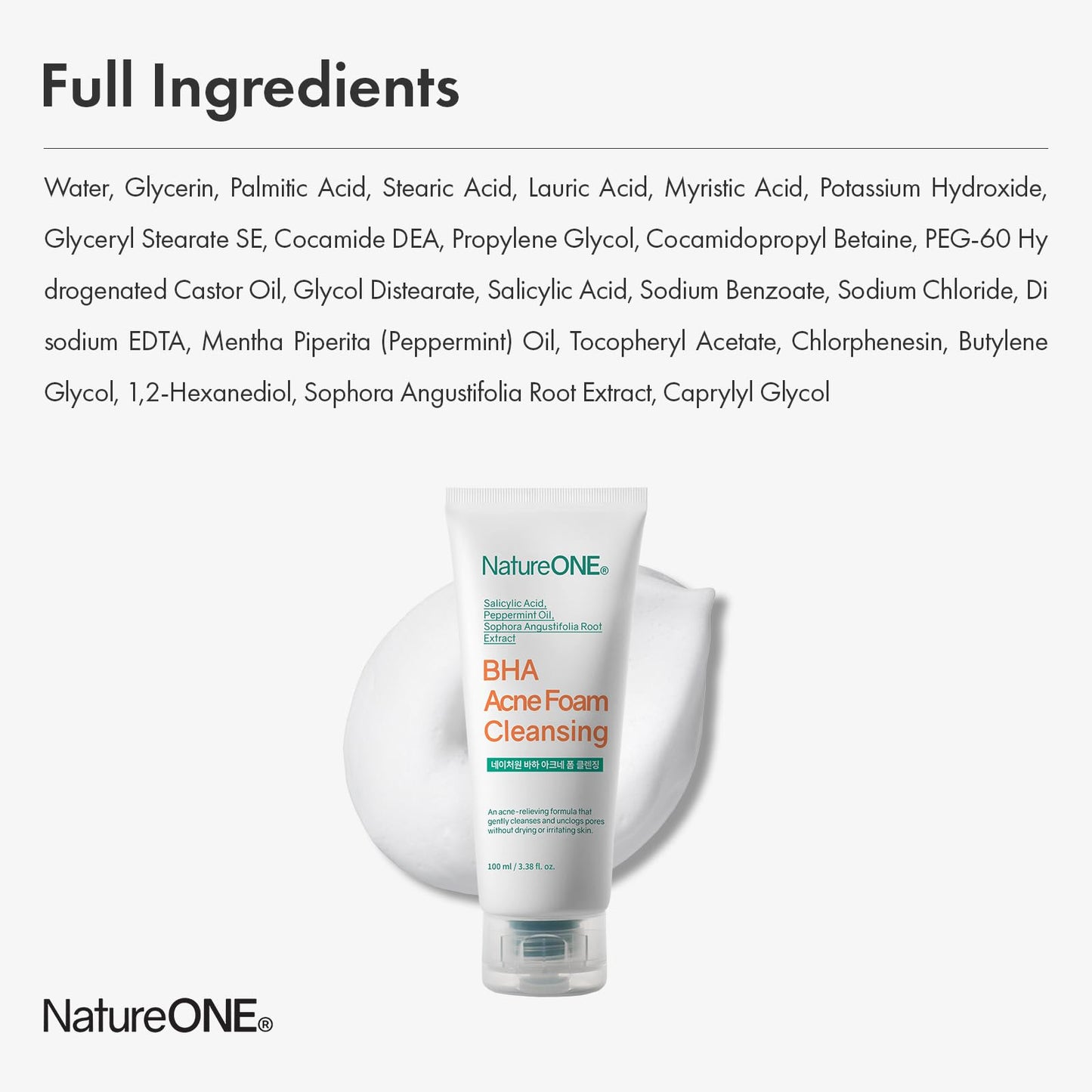 NATUREONE BHA Acne Foam Cleansing, Acne Face Wash, Salicylic Acid for Acne Prone Skin, Exfoliator, Sebum, Blackhead Remover and Dead Cells, Foaming Pore Cleanser, Korean Skincare, 100ml, 3.38 fl.oz.
