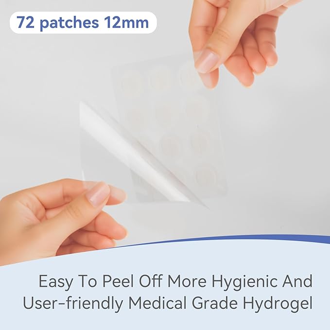 invisible pimple patches for face (72 Count) , 12mm Hydrocolloid acne Patches , Zit Patches, blemish patches for Face,Thin Edge with Fast Absorbing Technology