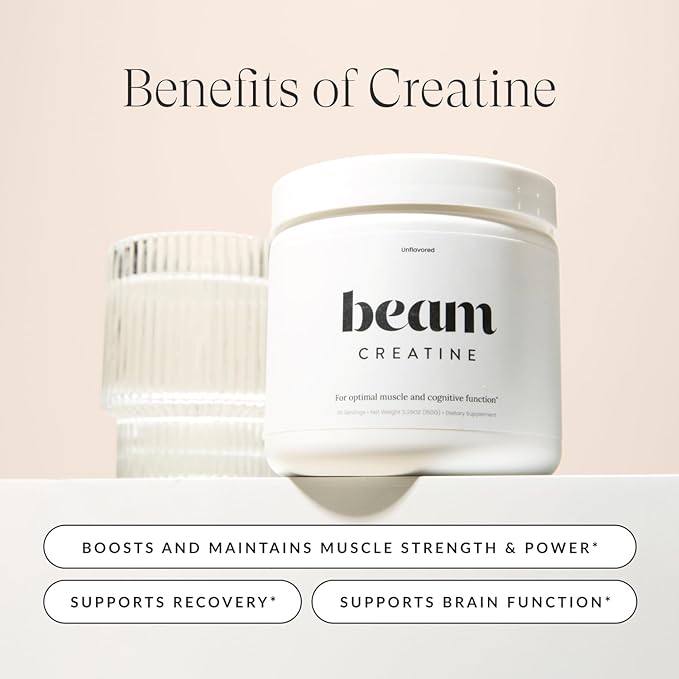 Beam Creatine Monohydrate Powder - Micronized Creatine for Muscle Growth, Strength, Endurance & Recovery - Fast-Dissolving, Workout Supplement for Men & Women, Keto & Vegan - 30 Servings