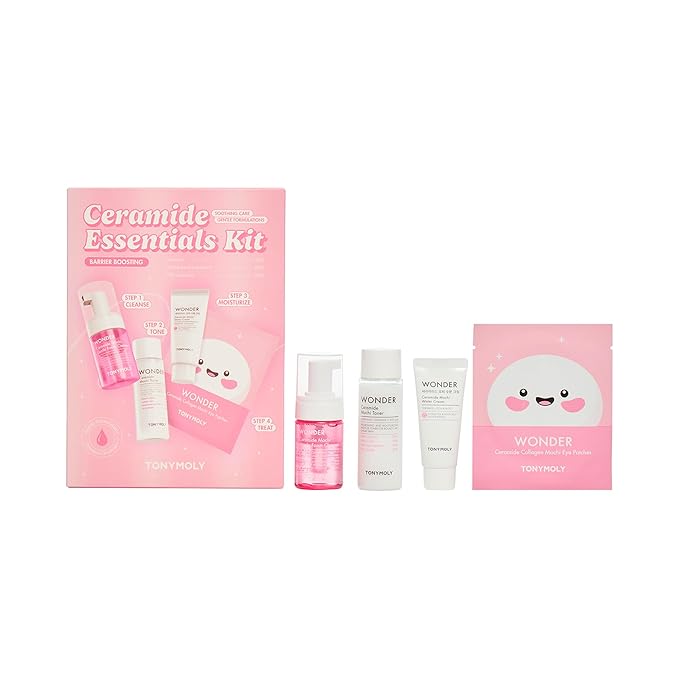 TONYMOLY Wonder Ceramide Mochi Essentials Kit – 4-Piece Set with Ceramide Toner, Cream, Cleanser & Eye Patches – Hydrating, Barrier-Boosting Skincare with Hyaluronic Acid, Vitamin B5 & Centella