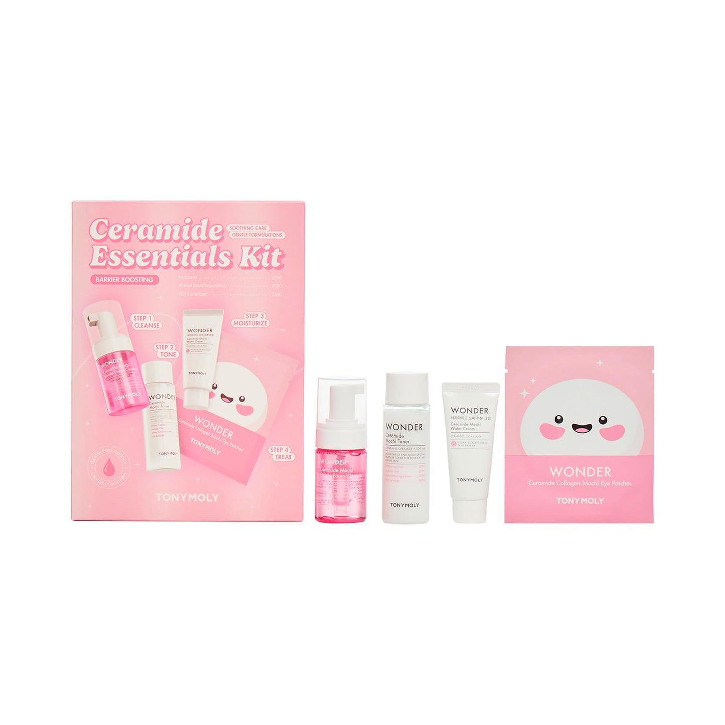 TONYMOLY Wonder Ceramide Mochi Essentials 4-Piece Skincare Set – Travel Toner, Cleanser, Cream & Eye Patches, Hydrating Korean Skincare Kit