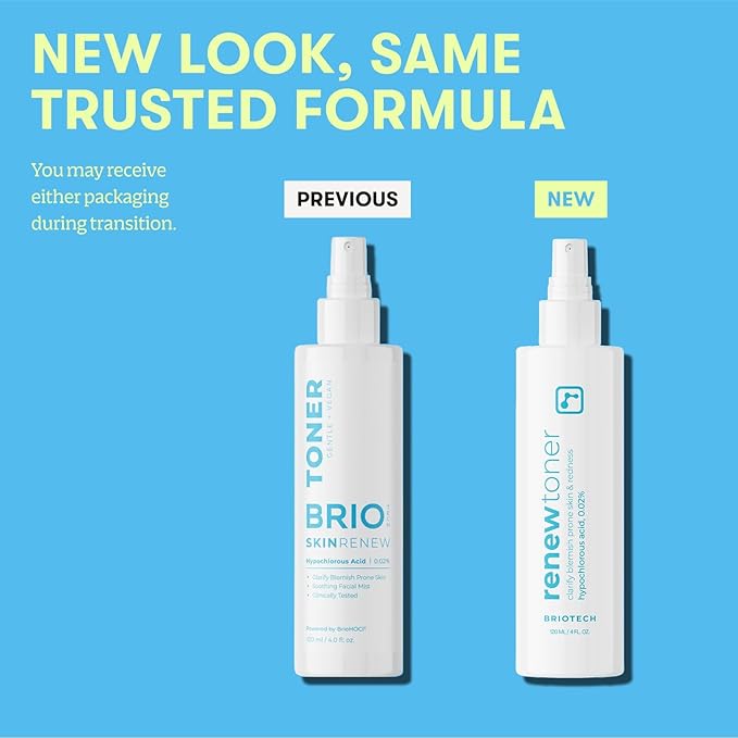 BRIOTECH Renew Toner, Hypochlorous Acid Spray, Minimize Appearance of Blemishes, Soothing Facial Mist for Sensitive Skin, Calm Redness & Bumps, Hypoallergenic & Vegan, 2 fl oz Travel Size