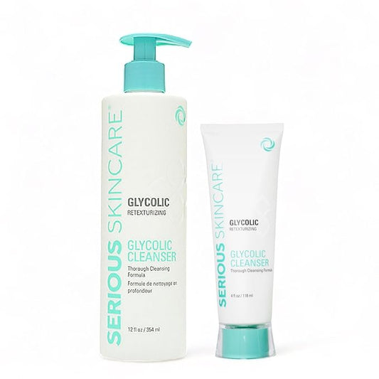 Serious Skincare Glycolic Cleanser - Glycolic Acid Skin Exfoliating Face Wash - 10% Glycolic Acid - Deep Pore Purifying - Removes Makeup, Oil, and Impurities - Shave Prep - Anti-Aging AHA 12 Oz & 4 Oz