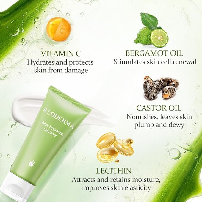 Aloderma Hydrating Facial Cleanser with Organic Aloe Vera - Daily Moisturizing Aloe Face Wash with Shea Butter, Vitamin E - Nourishing Face Cleanser for Normal, Dry Skin, Non-Comedogenic, 100g/3.5oz