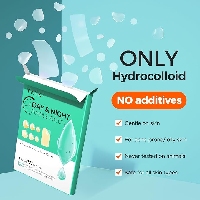 TKTK Bulk Pimple Patches for Face, 723 Patches 4 Size Acne Patches Day and Night, Hydrocolloid Patch Thin & Thick Pimple Stickers for Covering Zits, Blemishes and Breakouts