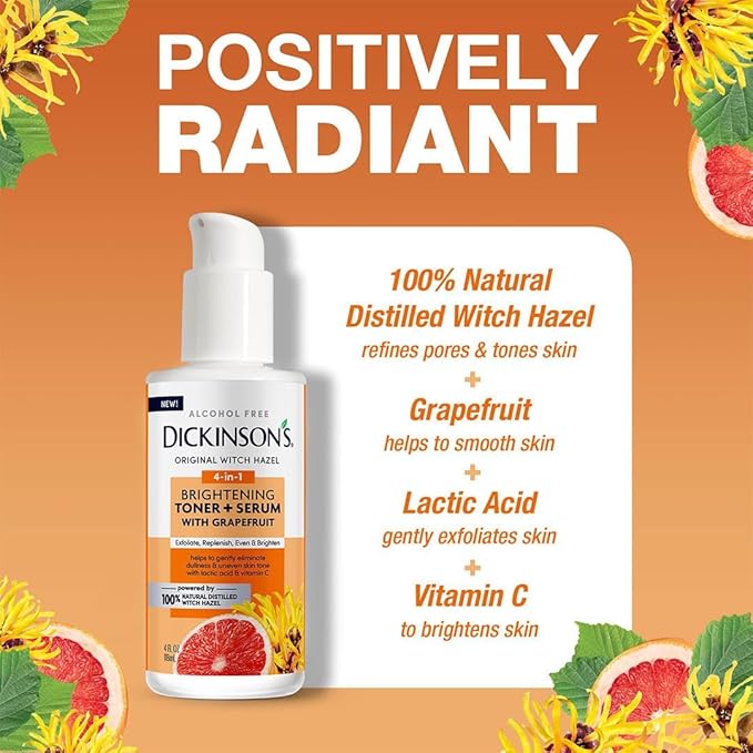 Dickinson's Original Witch Hazel Brightening Toner + Serum with Grapefruit | 100% Natural Distilled Witch Hazel | Alcohol-Free | Gently Exfoliates & Tones Skin | Refines Pores| 4 Fl Oz