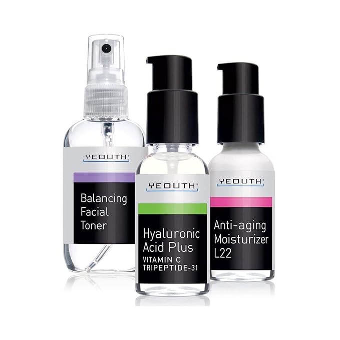YEOUTH Skin Care Set: Hyaluronic Acid Serum with Vitamin C, Face Toner, Face Moisturizer, Skincare Kit for Hydrating and Smooth Looking Skin, Facial Kit 3-Piece