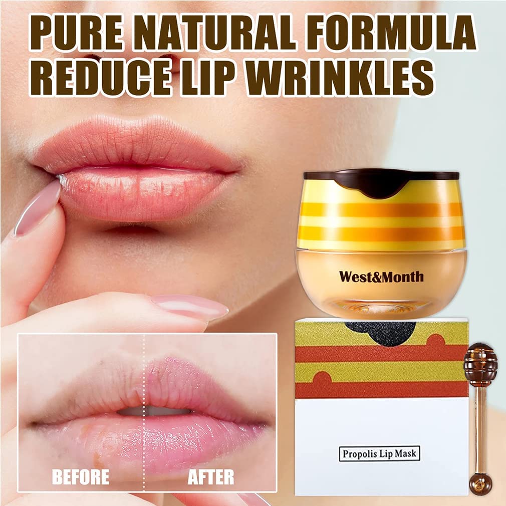 2PCS Bee Lip Balm Honey Pot - Strawberry & Honey Moisturizing Propolis Mask, Hydrating Prevention for Dry and Cracked Skin, Scrubs Exfoliator, Sleep Mask Reduces Lines, Skin Care Products