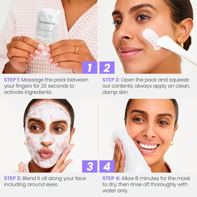 Wonderskin 8 Minute Mask, Hydrating and Anti Aging Face Mask Packed with Vitamin C and Niacinamide, Moisturizing Face Masks Pack of 8