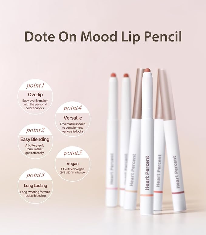Heart Percent Dote On Mood Lip Pencil, Long-Lasting Creamy Lip Crayon Smooth Color Liner Retractable Lipstick Pencil 0.8g, #01. Peach Beige