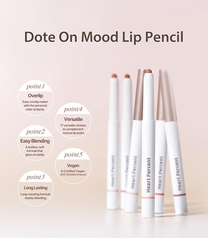 Heart Percent Dote On Mood Lip Pencil, Long-Lasting Creamy Lip Crayon Smooth Color Liner Retractable Lipstick Pencil 0.8g, 19. Dusty Pink