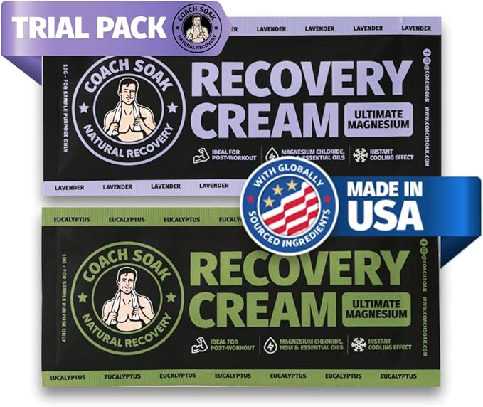 Coach Soak Magnesium Lotion Trial Pack - Magnesium Chloride & MSM Cream for Athlete Recovery - 0.02 Lb Each - Pack of 3 - Eucalyptus & Lavender Scent