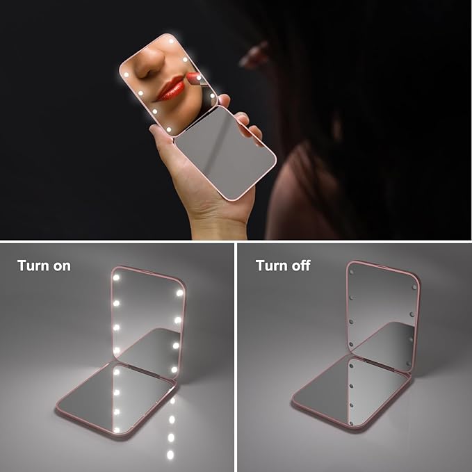 Kintion Wheat Straw Pocket Mirror, 1X/3X Magnification Travel Mirror for Purse, Lighted Plastic Fiber Mirror, Folding Handheld Mirror, Small Lighted Compact Mirror for Gift, Pink