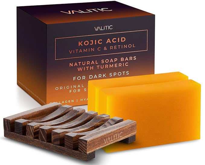 VALITIC Kojic Acid Vitamin C and Retinol Soap Bars with Turmeric for Dark Spot - Original Japanese Complex with Collagen, Hyaluronic Acid, Vitamin E (2-Pack) - with Soap Holder
