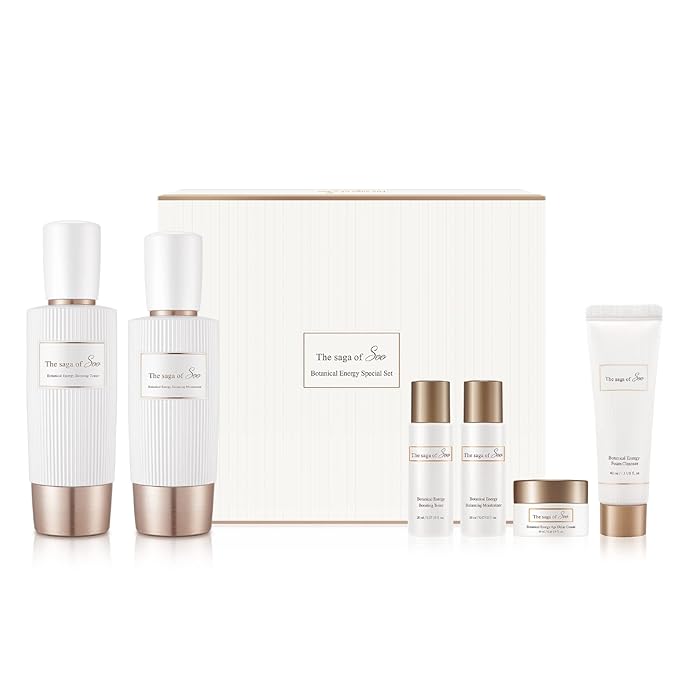 Sooryehan THE SAGA OF SOO BOTANICAL ENERGY (360 ml / 12.17 Fl Oz) - Korean Skincare Gift Set by LG BEAUTY. Botanical Energy Boosting Toner, Balancing Moisturizer, Cream, Foam Cleanser.