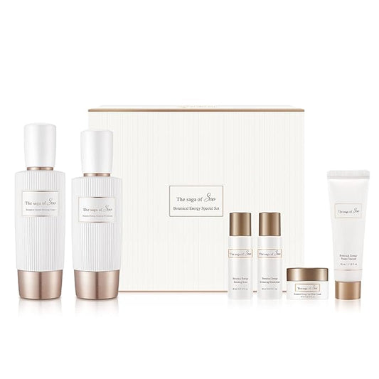Sooryehan THE SAGA OF SOO BOTANICAL ENERGY (360 ml / 12.17 Fl Oz) - Korean Skincare Gift Set by LG BEAUTY. Botanical Energy Boosting Toner, Balancing Moisturizer, Cream, Foam Cleanser.