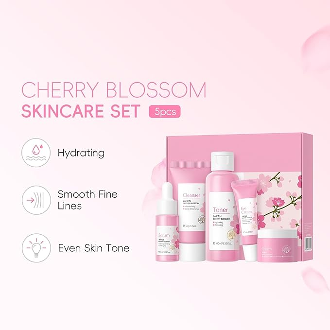 Cherry Blossoms Skin Care Sets, 5 PCS Routine Facial Skin Care for Women Teens Girls, Beauty Gifts Sets, Glow Up, Moisturizing, Even Skin Tone, for All Skin Type