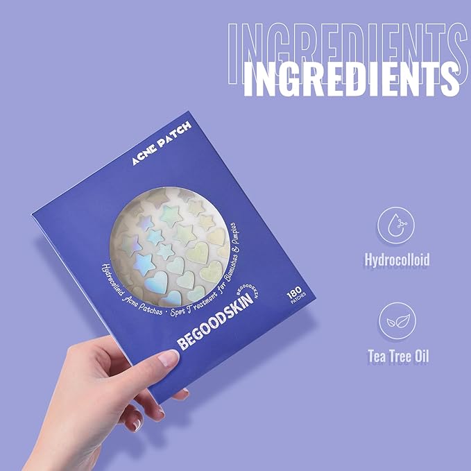 Hydrocolloid Acne Patches – Invisible& Visible Pimple Patches for Face, Tea Tree oil, Zit Absorbing Spot Treatment, Blemish Patches, Patch for Whitehead, Star& Heart Shapes, 180 count